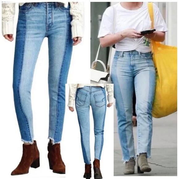 American Eagle Outfitters Denim - Two Tone Stretch Denim Jeans American Eagle Sz 6 Vintage Hi-Rise Crop Button Fly
